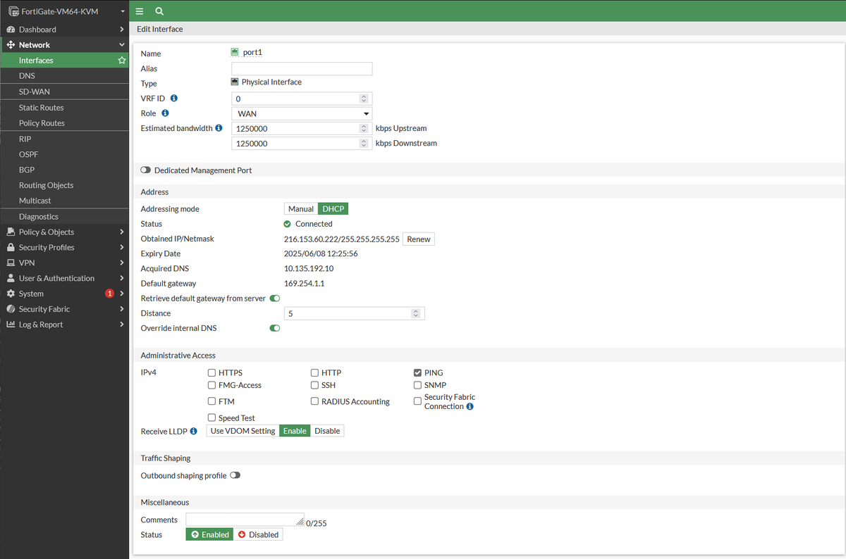 The administrative access panel on the Fortinet Web portal