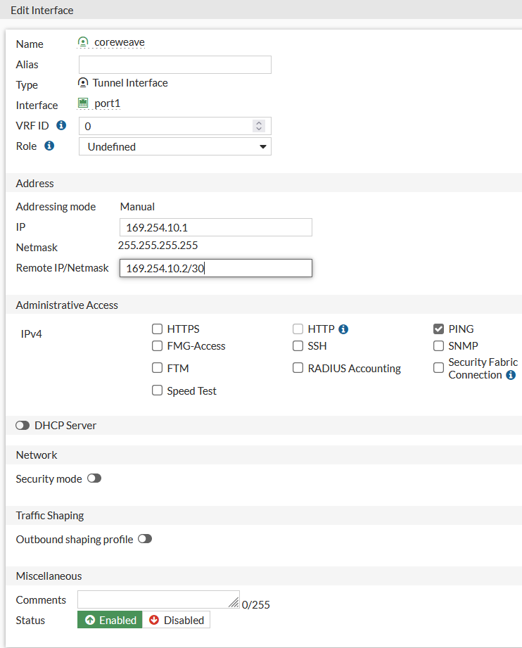 The interface configuration menu