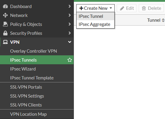 The IPsec tunnels configuration page from the VPN submenu