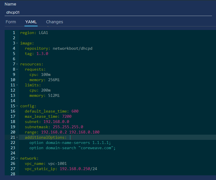 A DHCP YAML manifest