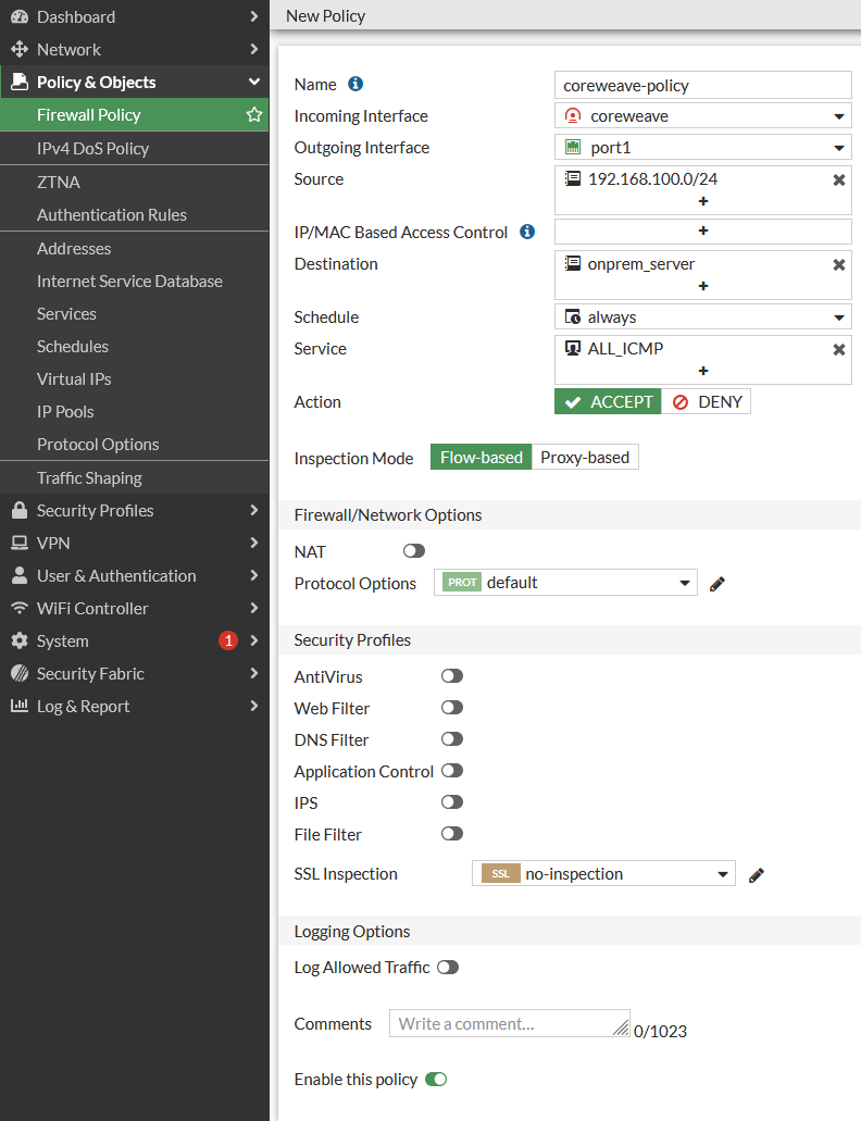 The Security Policy configuration menu