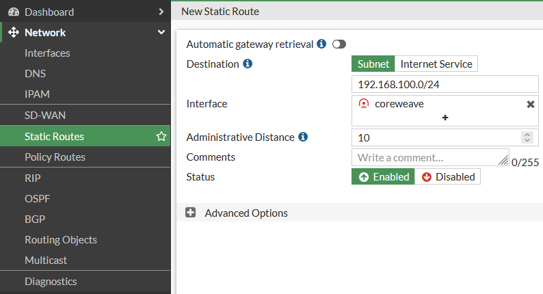 Static Route configuration options